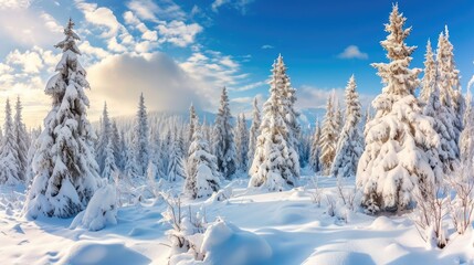 A snowy forest with many trees covered in snow. The sky is blue and there are some clouds in the background. The scene is peaceful and serene, with the snow covering the ground