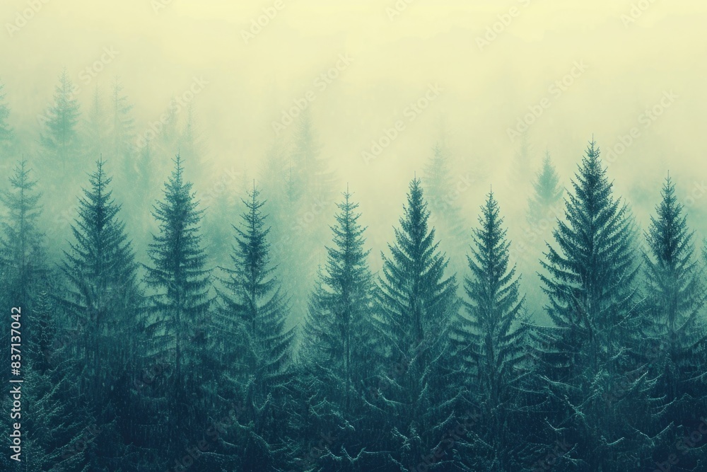 Poster a forest with a misty sky and trees that are tall and green. the trees are spread out and there is a