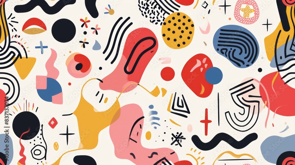 Poster a colorful and abstract painting with a lot of shapes and numbers. the painting is full of different