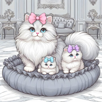 かわいいペルシャ猫の白猫の家族がリボンをつけてプリンセスルームのペットベッドで寛いでいるキャラクターイラスト
