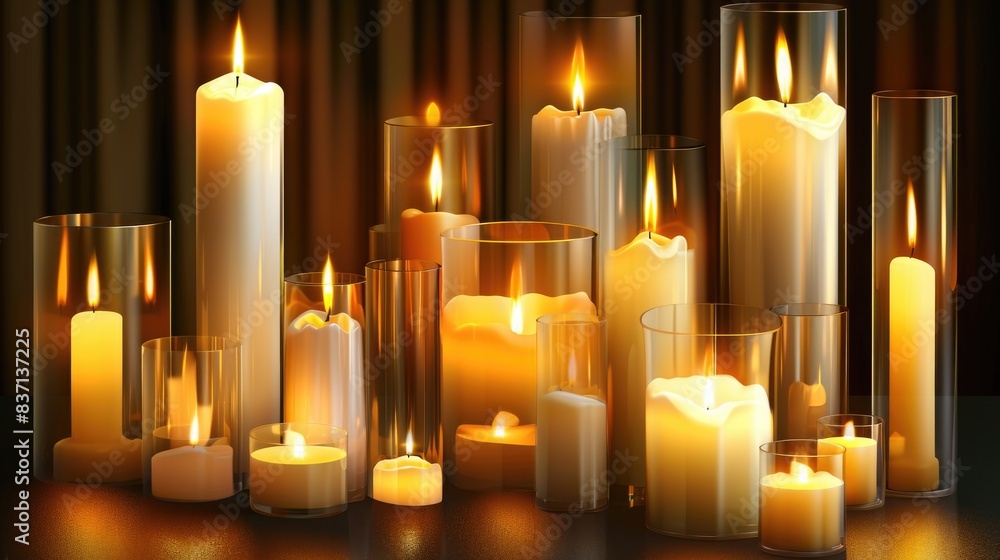 Poster a row of candles are lit and arranged in a row. the candles are of different sizes and are lit up, c