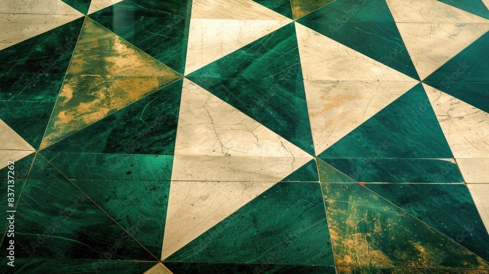 Poster a floor with a green and white pattern. the floor is made of tiles and has a triangular design