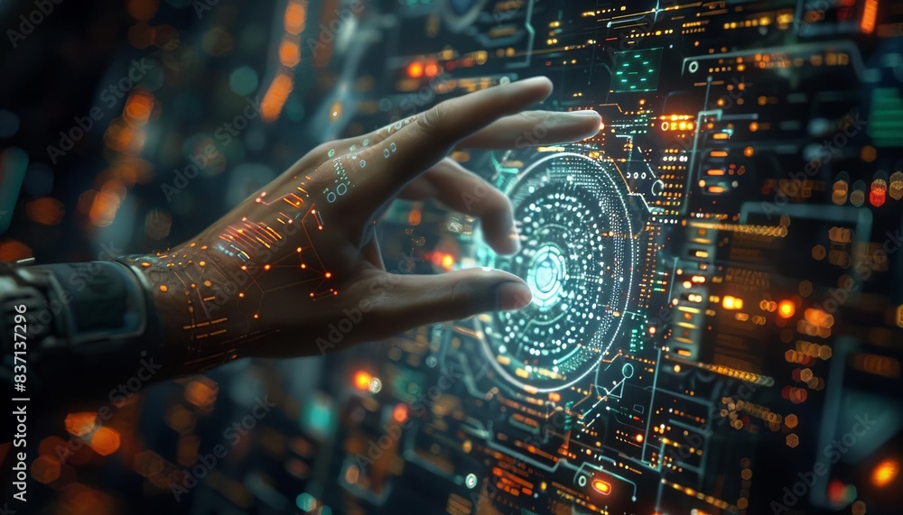 Poster futuristic technology interface with a hand interacting on a digital screen, representing advanced a