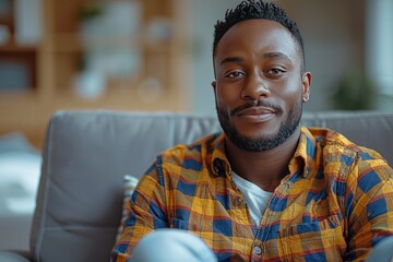 Obraz premium Handsome young African American man relaxing at home, smiling in in comfortable armchair in modern apartment. Mental health, psychiatrist professional help and support concept image