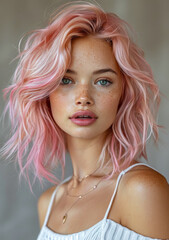 Fototapeta premium Portrait of beautiful young woman with pink hair