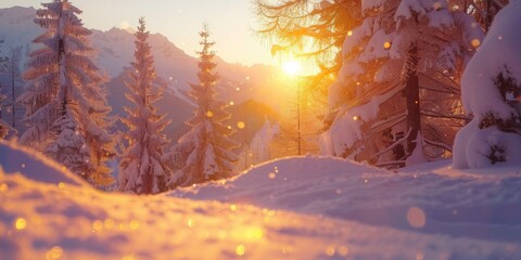 A snowy landscape with a bright orange sun in the sky. The sun is shining on the snow, creating a beautiful and serene atmosphere. The trees in the background are bare, but the snow-covered ground
