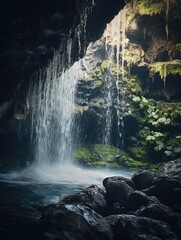 Fototapeta premium A waterfall is flowing into a pool of water in a cave. The water is clear and the rocks surrounding the pool are grey. The scene is peaceful and serene