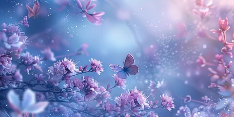 A butterfly is flying in a field of pink flowers. The image has a serene and peaceful mood, with the butterfly being the focal point of the scene. The pink flowers add a touch of color