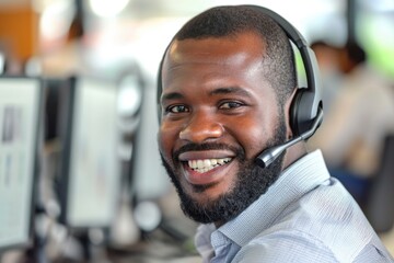 Naklejka premium A man wearing a headset is smiling at the camera. He is wearing a white shirt and a black beard