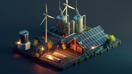 Sustainable energy is isometrically on display with solar and wind power in harmony.