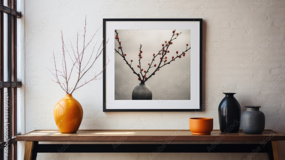 Poster a framed picture of a branch with red berries is on a table next to a vase. the vase is yellow and t