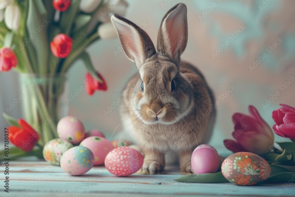 Poster a rabbit is standing in front of a bunch of easter eggs. the rabbit is looking at the camera, and th