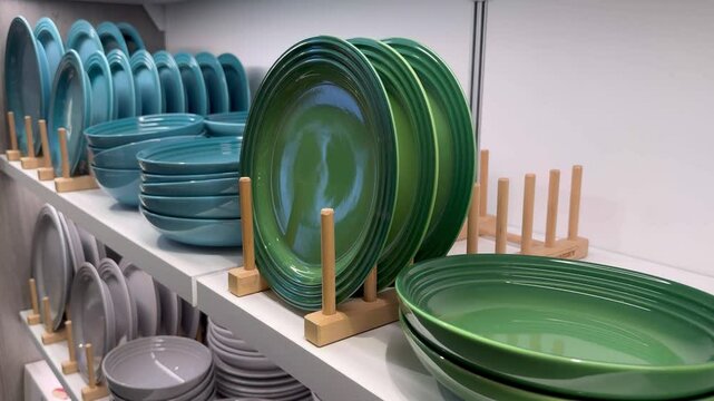 Various ceramic plates for sale in tableware department of home store.