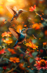 Fototapeta premium Hummingbirds in the flowers. A colorful hummingbirds flying in the air