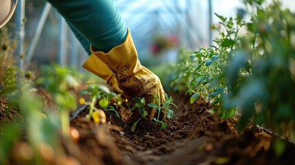 A person is planting a seed in a garden. The person is wearing a yellow glove. The garden is full of plants and flowers