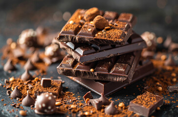 Broken dark chocolate cocoa powder and coffee beans on dark background