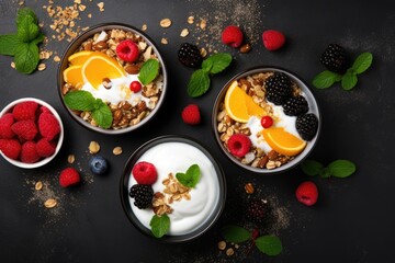 Three bowls of fruit and yogurt on a black table. The bowls are filled with yogurt and fruit, including raspberries, blackberries, and oranges
