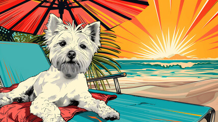 Pop art concept dog sunbathing on a sun lounger on the beach. Colorful background in pop art retro comic style. Summer concept