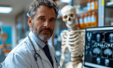 Portrait of mature male doctor with skeleton model in the laboratory.