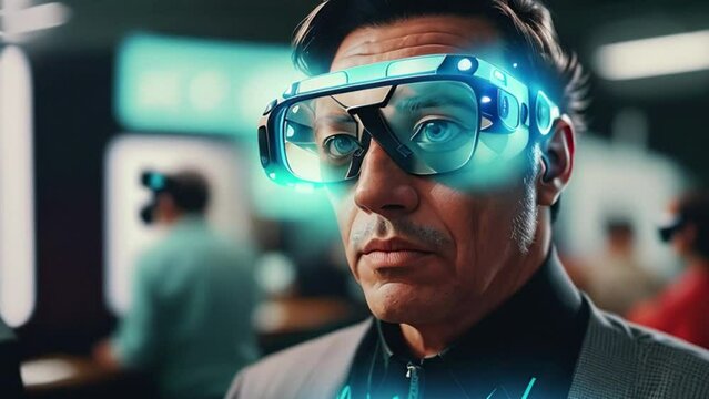 Man wearing futuristic augmented reality glasses