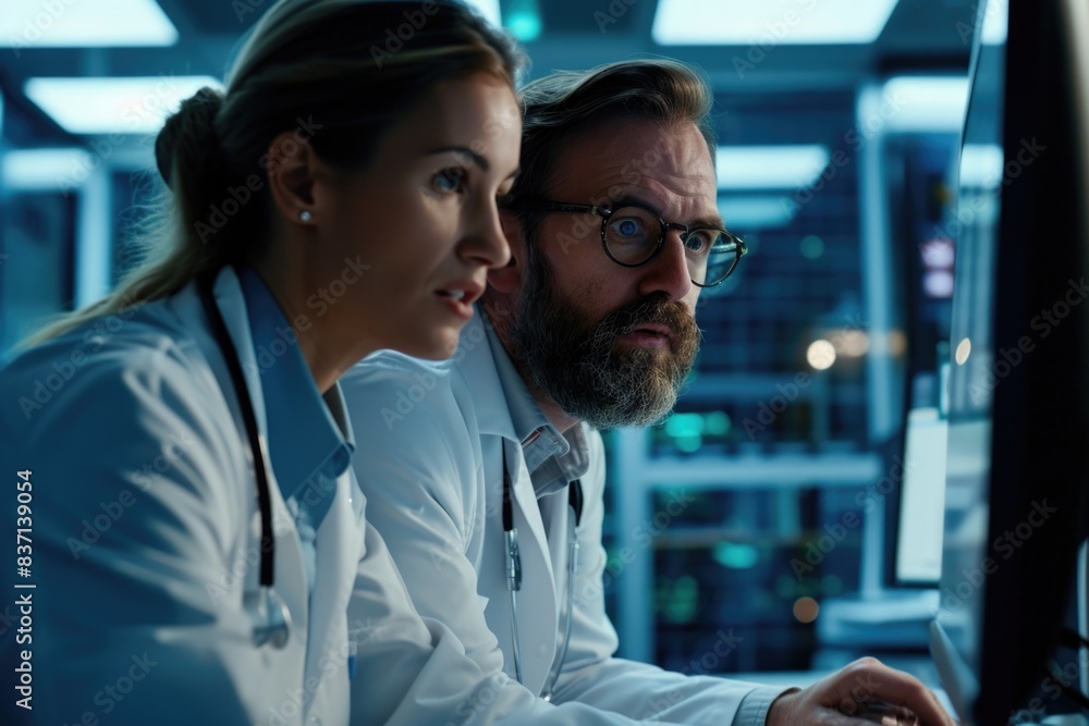 Poster two doctors are looking at a computer screen. one of them is wearing a stethoscope. scene is serious