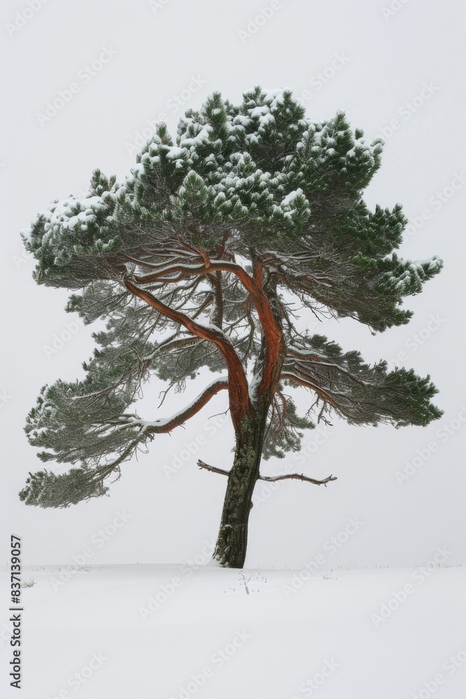 Poster a snow covered pine tree with a brown trunk. the tree is bare and has no leaves. the image has a col