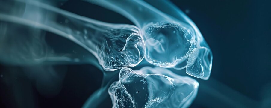 A photographic Xray view of a knee injury in 4K resolution, emphasizing the bone structure with a Fujifilm XT4 and 50mm f12 lens backlit for ultradetail