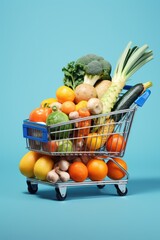 A shopping cart full of fruits and vegetables. The cart is blue and silver