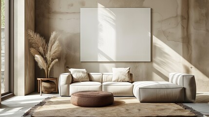 Sleek living room design emphasizing warm colors, natural light, and minimalistic decor.