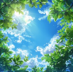 Obraz premium Sunlight pierces through green tree leaves against a vibrant blue sky and fluffy clouds.