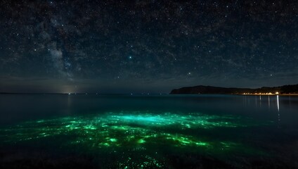 : A mesmerizing scene of bioluminescent plankton lighting up the dark waters under a starry night sky ai_generated