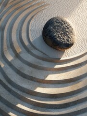 Naklejka premium A rock is placed in the center of a sand circle. The circle is made of small rocks and sand. Concept of calmness and serenity