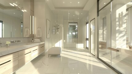 Fototapeta premium A modern, luxurious bathroom with high-end finishes, a large walk-in shower, and a sleek double vanity. The design is upscale and sophisticated. --ar 16:9 --style raw 