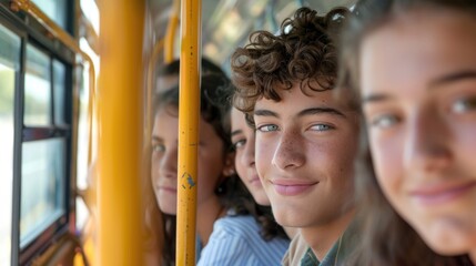 Obraz premium A group of young people are smiling and posing for a picture on a yellow bus. Scene is happy and lighthearted, as the group of friends are enjoying their time together