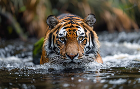 A Siberian tiger runs in the water right in front of the camera, with water splashing around it
