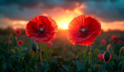 Red poppies in the field in the sunset light. beautiful nature background