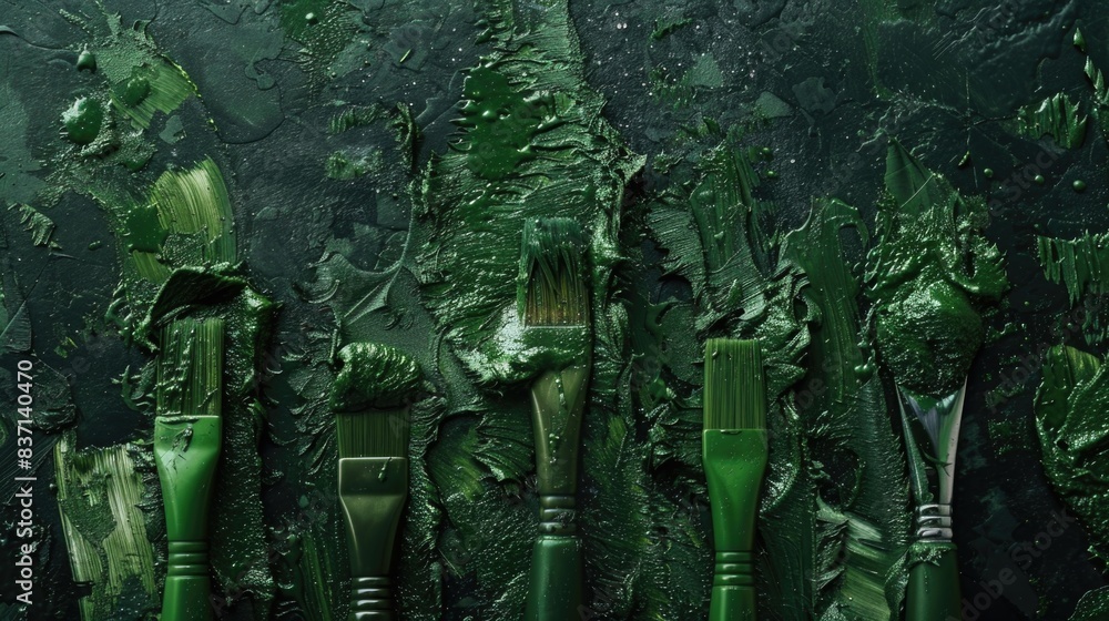 Poster a group of green paintbrushes are covered in green paint. the brushes are arranged in a row, with so