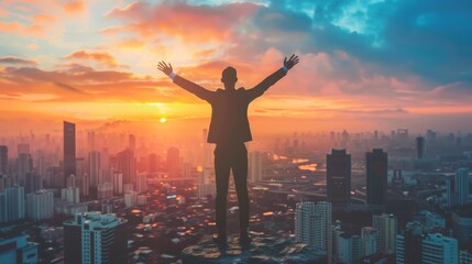 Confident businessman celebrating victory at sunset with city view.