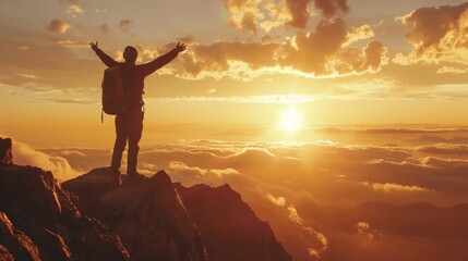 Plakat Successful man celebrating on rooftop with sunset skyline view.
