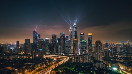 Obraz premium Aerial view of peaceful cityscape before sunrise. Smart city and abstract dot point connect with gradient line and aesthetic Intricate wave line design , big data connection technology concept .