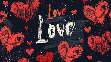 Seamless red and black romantic pattern with hearts and love text