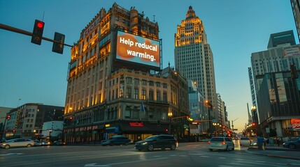 Fototapeta premium Illuminated Skyscraper with Climate Change Message in Bustling City Intersection
