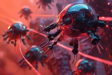 A swarm of futuristic robotic drones fly in formation, connected by glowing red energy beams.