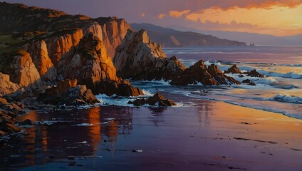 A painting of a rocky coastline at sunset, with the last rays of sunlight painting the sea in hues of orange and purple ai_generated