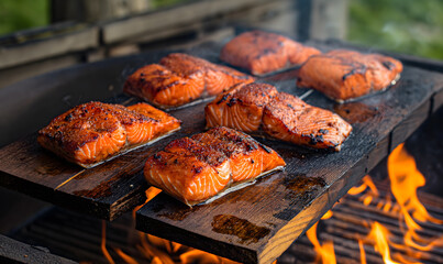 Gourmet Smoked Salmon Fillets on a Wooden Plank