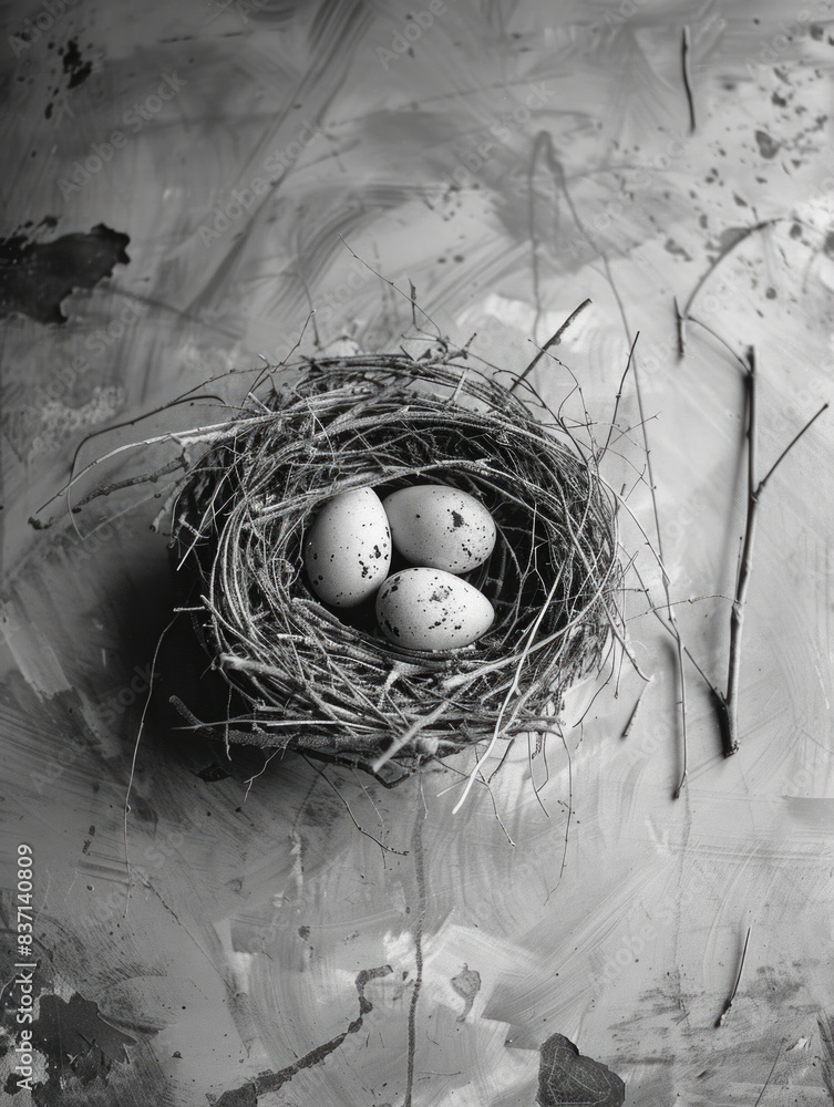 Poster a nest of three eggs sits on a table. the eggs are white and appear to be fragile. concept of vulner
