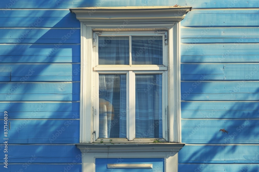 Poster a window with a white frame and blue trim. the window is open and the sun is shining through it
