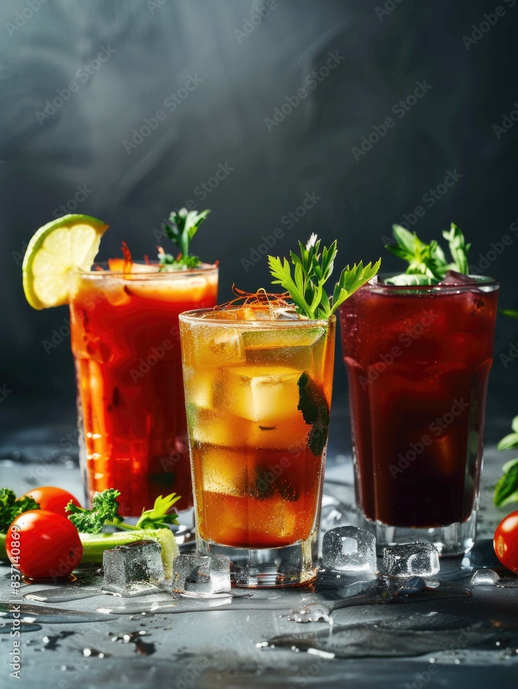 Aufkleber three drinks with ice cubes and garnishes on a table. the drinks are in different colors and sizes