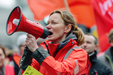 A woman in a red jacket is holding a megaphone and yelling. She is surrounded by a crowd of people, some of whom are holding signs. The scene appears to be a protest or rally