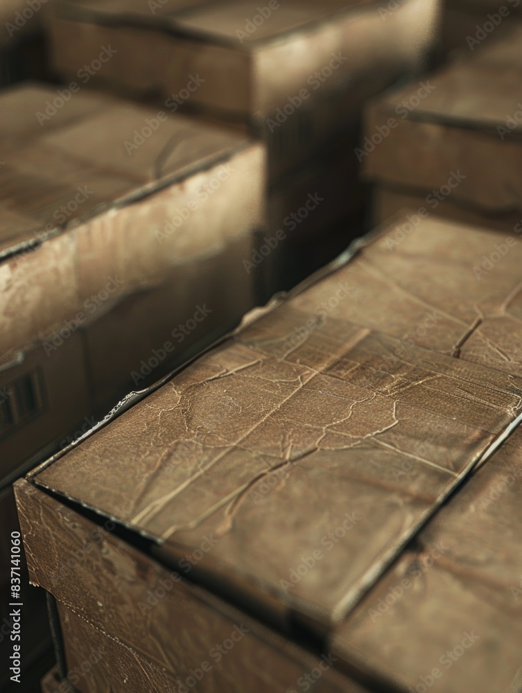 Aufkleber a stack of cardboard boxes with a worn and torn appearance. the boxes are piled on top of each other
